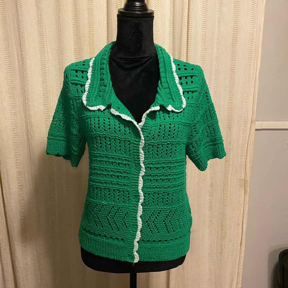 ♥️New♥️ Anthroplogie Maeve Green Knit Cardigan With Baby Blue Trim L